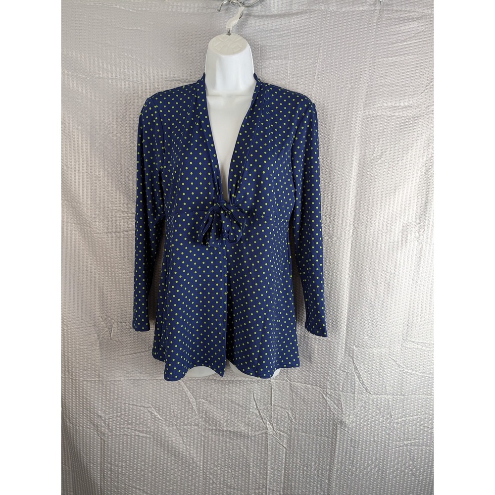 Antthony Womens Polka Dot V-Neck Front Tie Tunic Top Navy Blue Lime Green Small